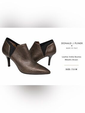 Donald J. Pliner Bronze Metallic Leather Pointed Toe Shootie Booties Italy 7.5